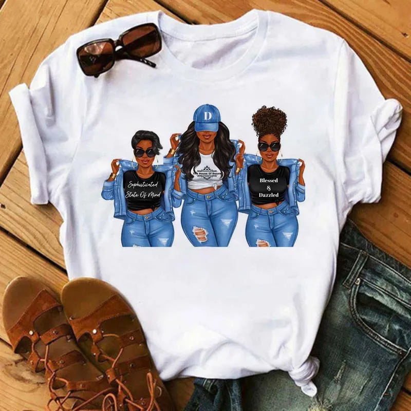 Maycaur Fashion Women Black Girl Print Magic T Shirt Summer Short Sleeve Ladies T-shirts 90s Ulzzang Shirt Casual Round Neck Tee