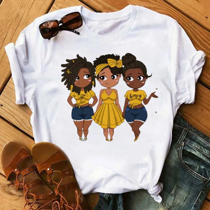 Maycaur Fashion Women Black Girl Print Magic T Shirt Summer Short Sleeve Ladies T-shirts 90s Ulzzang Shirt Casual Round Neck Tee