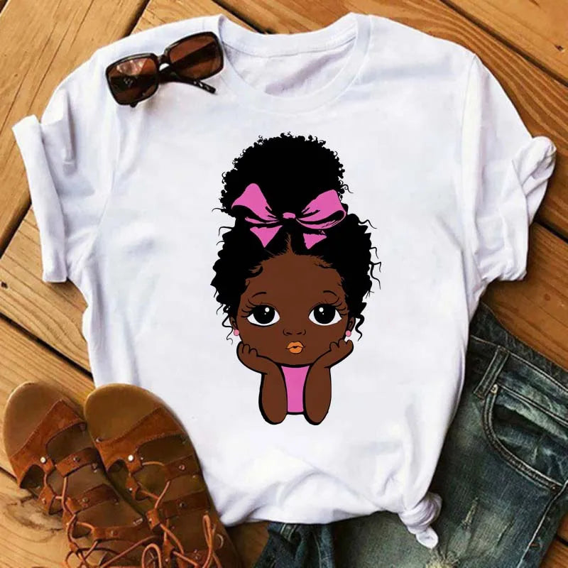 Maycaur Fashion Women Black Girl Print Magic T Shirt Summer Short Sleeve Ladies T-shirts 90s Ulzzang Shirt Casual Round Neck Tee