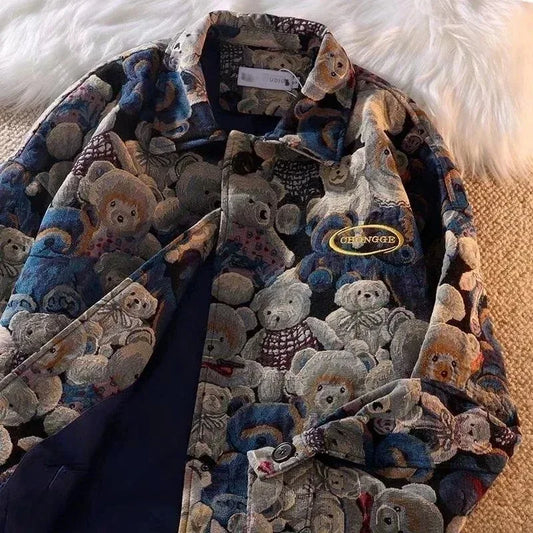 Autumn and Winter Fashion Casual Cute Bear Print Lapel Jacket for Men and Women Single-breasted Jacket  New Women Clothing