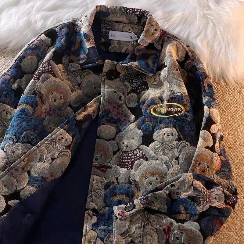 Autumn and Winter Fashion Casual Cute Bear Print Lapel Jacket for Men and Women Single-breasted Jacket  New Women Clothing